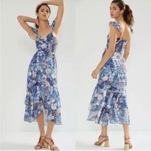 Anthropologie Hutch Coley Floral Ruffle Tiered Blue Midi Dress size 6P 6 $230